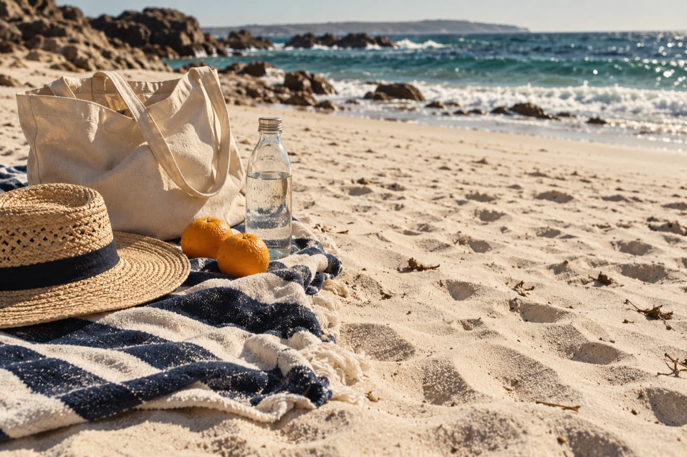 Beach picnic still life with towel, tote, hat and oranges